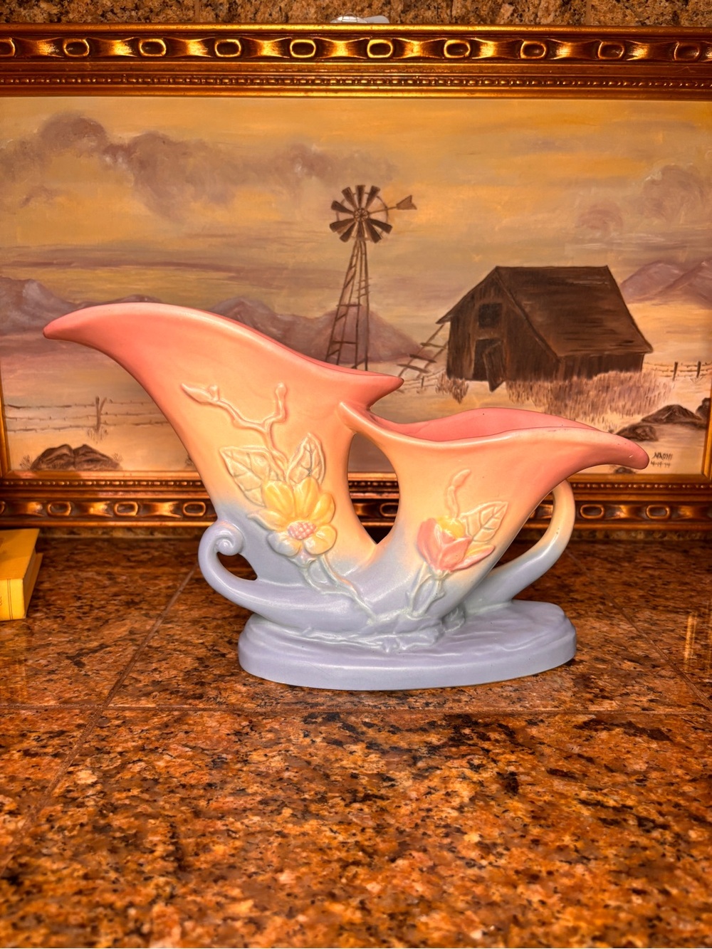 Pastel Pink and Light Blue Ceramic Floral Double Vase